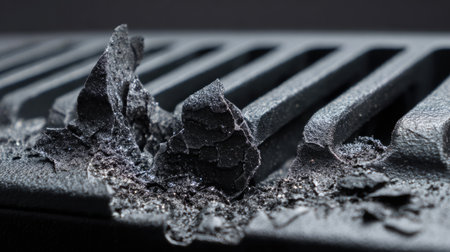 This close-up image showcases a damaged grate featuring charred residue and rough textures against a dark background, highlighting decay and wear.の素材