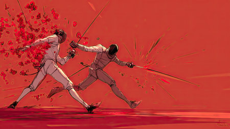 An artistic depiction of a thrilling fencing duel, showcasing dynamic movement and red splashes that evoke passion and intensity in the sport.の素材