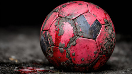 A close-up of a worn red and blue soccer ball resting on a dirty surface, reflecting the themes of neglect and abandonment in sports activities.の素材