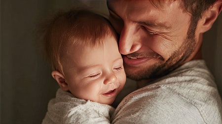 This heartwarming image captures a tender moment between a father and his baby, showcasing their joyful connection in a warm embrace.の素材