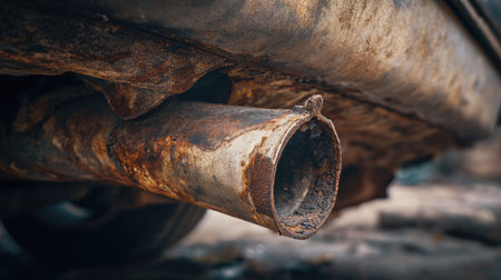 The image showcases a rusty exhaust pipe of an old vehicle, featuring significant corrosion and decay. This close-up reveals intricate details of weathered metal in an urban setting.の素材