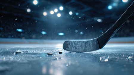 A captivating close-up of a hockey stick making contact with a puck on a perfectly frozen ice rink, illuminated by intense arena lighting. The blurred background conveys a thrilling moment in an exciting game, highlighting the energy and passion of ice hockey.の素材