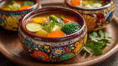 A beautiful display of colorful vegetable soup in decorative bowls placed on a rustic wooden table, showcasing fresh ingredients and vibrant colors.の素材