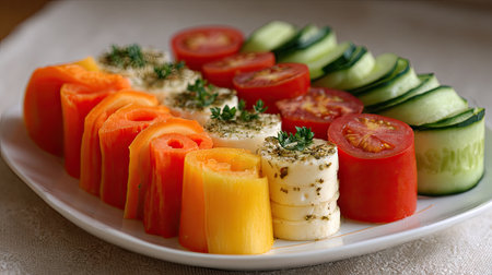 This visually appealing arrangement features fresh vegetables and cheese, showcasing vibrant colors and inviting textures for healthy eating and culinary inspiration.の素材