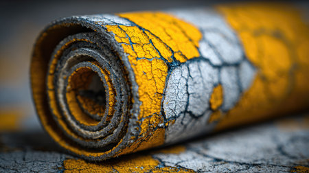 A close-up view of a rolled surface showcasing vibrant yellow and gray paint, revealing a weathered texture with intricate cracks and patterns.の素材