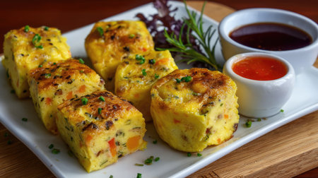 Enjoy a delightful plate of savory egg muffins, perfectly baked with fresh vegetables. Serve with assorted dipping sauces for a balanced meal.の素材
