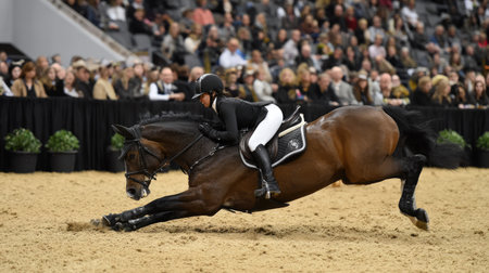 A dynamic scene showcases a rider navigating a challenging equestrian course with precision and energy, surrounded by an engaged audience in an indoor arena.の素材