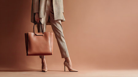 A sophisticated woman showcases elegant business attire featuring a tailored suit, high heels, and a chic handbag against a neutral background.の素材