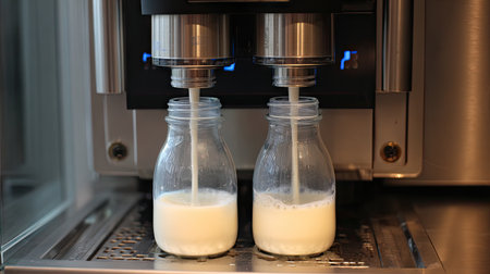 A close-up view of fresh milk being dispensed into two glass bottles from a modern espresso machine in a stylish coffee shop setting.の素材