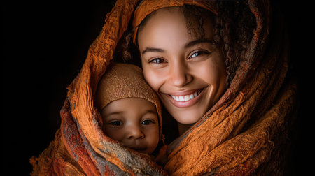 A heartwarming portrait featuring a mother lovingly holding her child in a cozy embrace. Their radiant smiles and connection convey warmth, joy, and affection.の素材