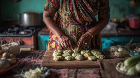 A woman in a vibrant outfit prepares traditional vegetarian snacks in a rustic kitchen, showcasing the art of home cooking with fresh ingredients.の素材
