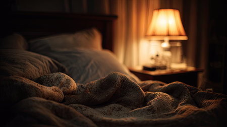 A serene bedroom scene featuring a beautifully arranged bed with a cozy blanket, soft pillows, and a warm lamp creating a tranquil atmosphere for restful sleep.の素材