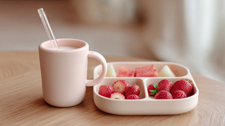 Aesthetic image featuring a pink cup with a straw alongside a colorful snack plate filled with fresh strawberries and watermelon. Perfect for healthy eating.の素材