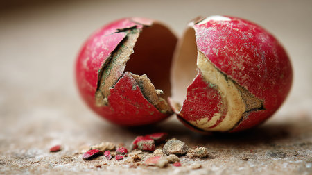 A close-up view of a broken red Easter egg, showcasing its cracked shell and the surrounding dust and crumbs, symbolizing celebration and spring festivities.の素材