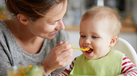 A heartwarming scene of a mother tenderly feeding her delighted baby during a cozy mealtime, capturing the essence of nurturing and family bonding.の素材