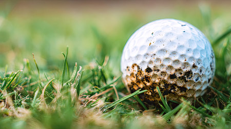 A detailed close-up of a golf ball resting on grass, showing dirt and wear, highlighting the elements of outdoor play and the sportの素材