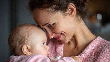 A heartwarming scene of a mother lovingly gazing at her baby while holding a milk bottle, showcasing their special bond in a cozy indoor setting.の素材