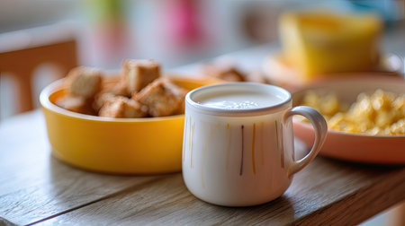 A cozy morning scene featuring a white mug filled with milk alongside a plate of delicious baked biscuits, beautifully arranged on a wooden table.の素材