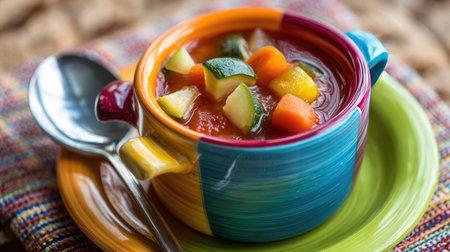 A vibrant bowl of vegetable soup showcases an array of colorful vegetables in a bright, stylish bowl, perfect for promoting healthy eating concepts.の素材