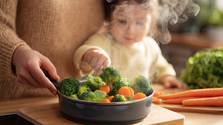 A heartwarming scene of a parent and child cooking together in a cozy kitchen, surrounded by colorful fresh vegetables. The steam rises, showcasing a joyful cooking experience.の素材