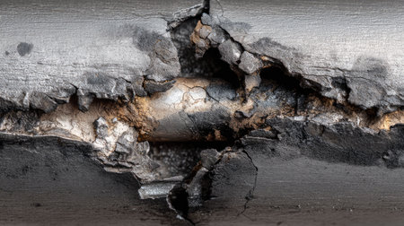 A high-resolution close-up image depicting a corroded metal pipe, showcasing detailed textures, cracks, and rust. This image highlights the effects of weathering and deterioration in an industrial context.の素材