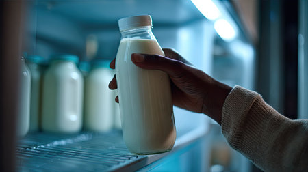 A hand reaches for a glass bottle of milk inside a cool, well-lit fridge, showcasing the freshness and nutritional quality of dairy products.の素材