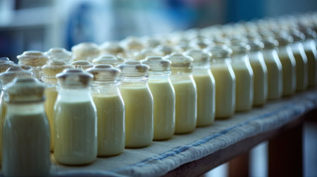 A row of neatly arranged glass bottles filled with creamy milk showcases the essence of fresh dairy production in a clean, well-lit facility.の素材