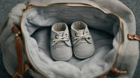 This charming image features a pair of gray baby shoes placed inside a stylish diaper bag, ideal for capturing the essence of parenthood and preparation.の素材