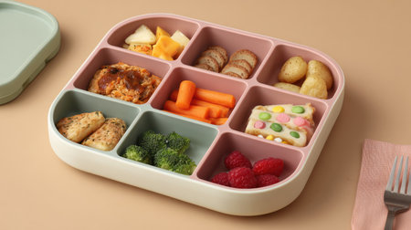 A vibrant meal prep plate featuring an assortment of healthy foods and treats arranged for a balanced diet, perfect for stylish kitchen settings.の素材