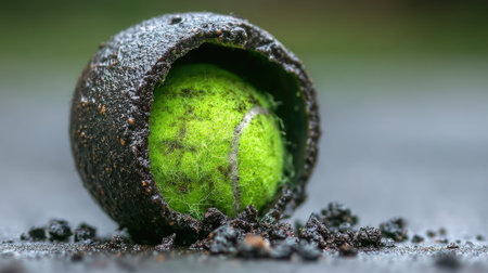 This striking close-up image features a vibrant green tennis ball breaking through a dirty surface, showcasing intricate textures and details in a unique outdoor setting.の素材