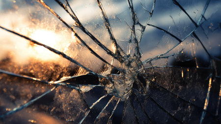 This close-up image captures the intricate details of shattered glass with sunlight filtering through the cracks, highlighting both beauty and destruction.の素材