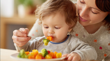 A heartwarming scene of a mother feeding her child colorful vegetables, showcasing nurturing moments and the importance of healthy eating in a family setting.の素材