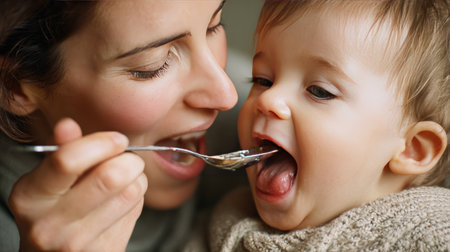 A heartwarming moment shows a mother lovingly feeding her cheerful baby with a spoon indoors, capturing the essence of nurturing and connection in family life.の素材