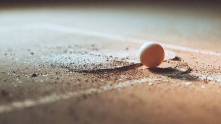 A close-up shot of a table tennis ball resting on a dusty table tennis court. Soft light creates a dramatic effect, enhancing shadows and textures.の素材