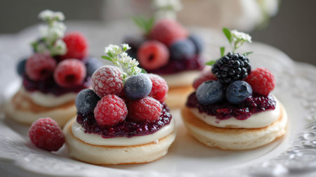 Delight in these fluffy pancakes adorned with a medley of fresh berries and a rich fruit sauce, perfect for a charming dessert or brunch delight.の素材
