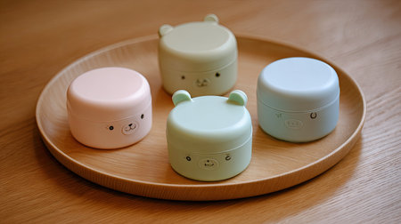 This delightful stock photo showcases a collection of adorable animal face containers in soft pastel colors, artfully arranged on a wooden serving tray. Perfect for adding a playful touch to any space. Ideal for home decor and storage solutions.の素材