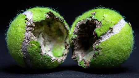 This striking image captures two decomposed tennis balls, showcasing their intricate textures and vibrant colors. The contrast against the black background enhances the details of decay and nature's transformation.の素材