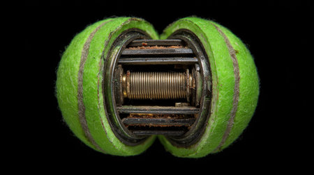 This macro photograph presents a detailed cross-section of a tennis ball, revealing its inner mechanism and vibrant green textile texture, ideal for sports and design themes.の素材