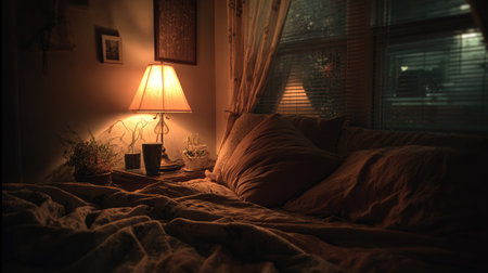 This cozy bedroom features soft lighting from a bedside lamp, inviting pillows, and a serene atmosphere perfect for relaxation during nighttime.の素材