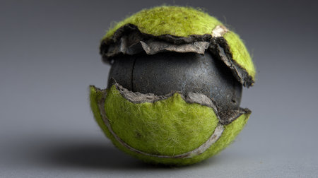 This close-up image captures the unique texture of a worn tennis ball, featuring a green exterior and a revealed black core. It highlights the beauty of wear and tear, creating an abstract artistic piece.の素材