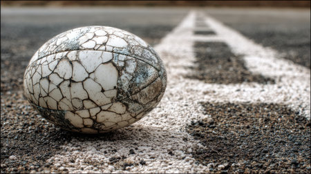 A close-up of a weathered, cracked rugby ball resting on an asphalt road, highlighting the faded white line, ideal for capturing sports nostalgia and texture.の素材