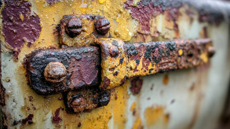 This close-up image showcases the intricate details of a rusty metal hinge, featuring vibrant color variations and textures from years of exposure.の素材