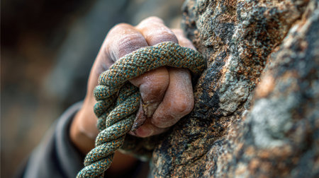 A climber's hand firmly grips a textured rock surface while holding onto a climbing rope, illustrating strength and focus in an outdoor adventure.の素材