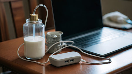 A modern workspace featuring a glass bottle of milk next to a laptop on a wooden table, representing a blend of creativity and relaxation in a chic environment.の素材