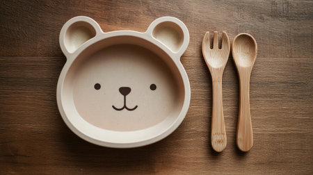 Adorable bear-shaped plate with bamboo cutlery designed for children, perfect for mealtime. Ideal for promoting fun and eco-friendly dining experiences for kids.の素材
