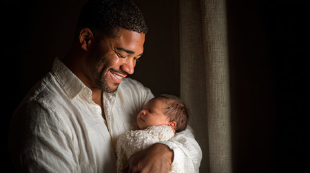 A joyful father holds his peaceful newborn close, illuminated by soft light. This heartwarming moment captures the essence of love, connection, and nurturing in parenthood.の素材
