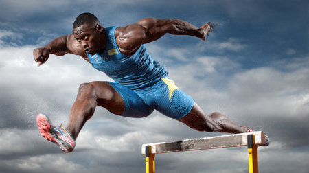 A powerful male athlete executes a dramatic hurdle jump against a striking cloudy sky, capturing the essence of competitive sport and athletic prowess.の素材