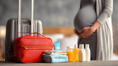 A pregnant woman stands behind a suitcase, showcasing essentials packed for a hospital stay. Items include toiletries, clothing, and personal care products, symbolizing preparation for the upcoming arrival of a newborn.の素材