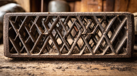 This image showcases a detailed close-up of a vintage wooden grid decorative element resting on a rustic surface, highlighting its intricate craftsmanship and texture.の素材