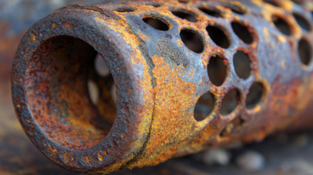 This image captures the intricate texture of a rusty metal object with holes, showcasing the beauty of decay in an industrial environment.の素材